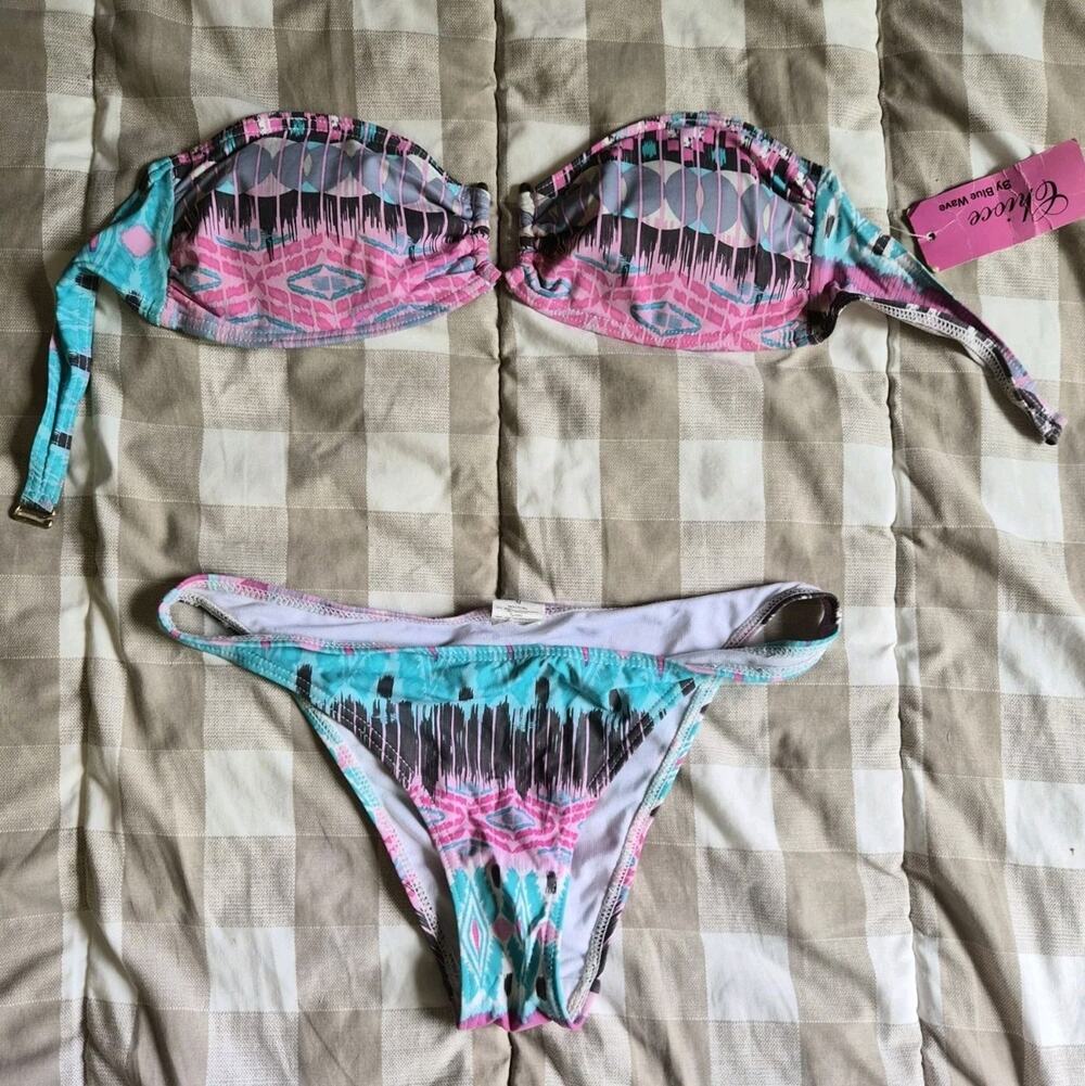Size M NWT Choice By Blue Wave Pink And Teal Aztec Printed Strapless Bikini Set
